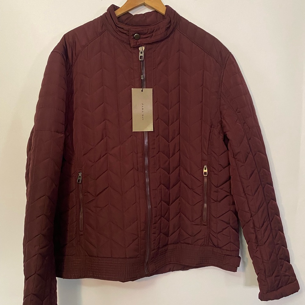 Zara Man NWT Quilted Burgundy Jacket XXL Zippers Casual Normcore Preppy Classic